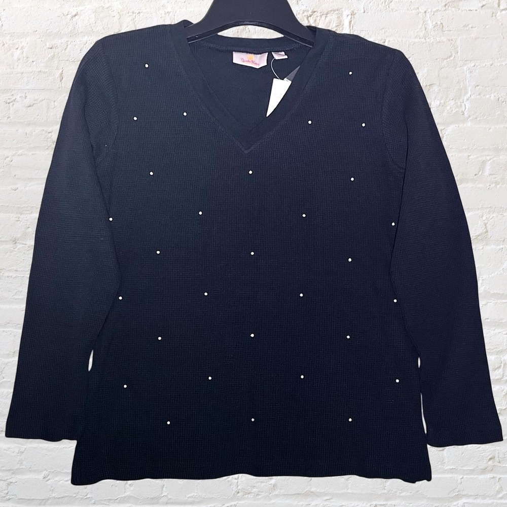 Quacker Factory Black Rhinestone Long-Sleeve Top Size S Waffle Knit V-Neck NWT